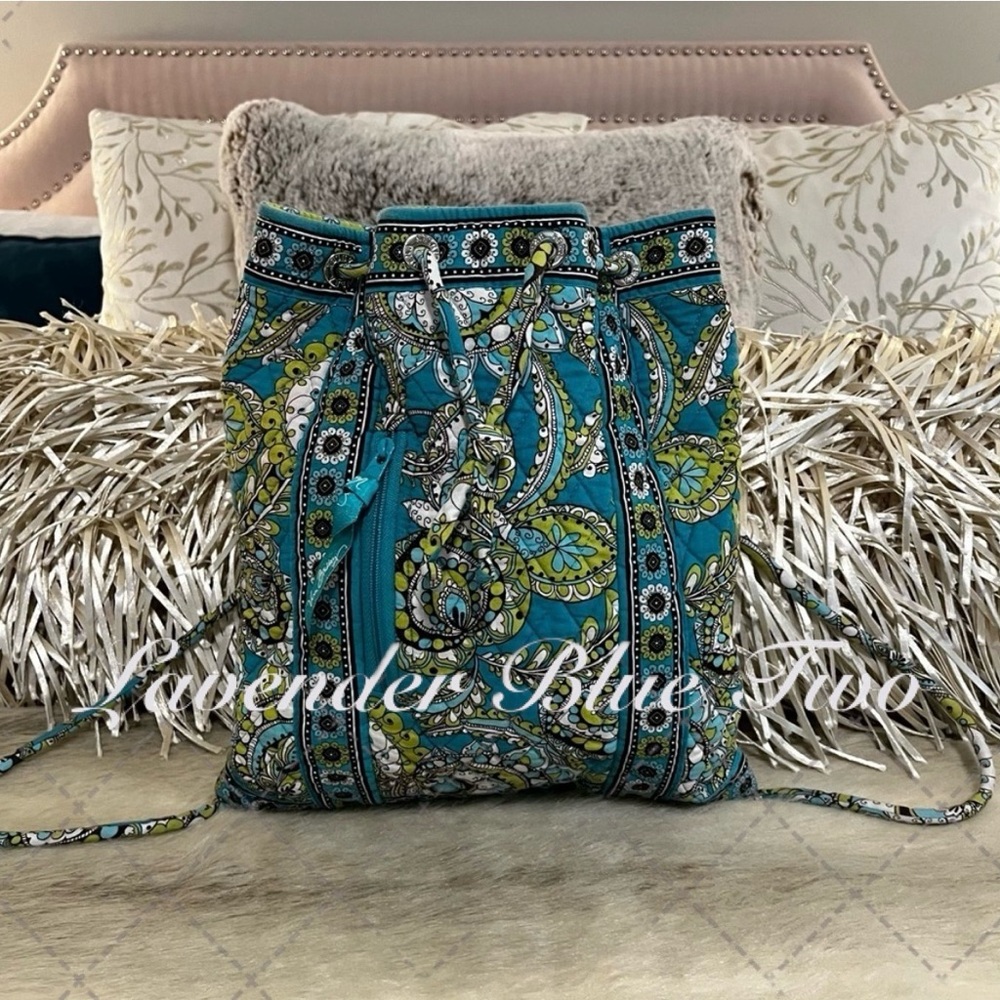 VERA BRADLEY Peacock Small Drawstring Backpack Blue Green Paisley 2007 Y2K